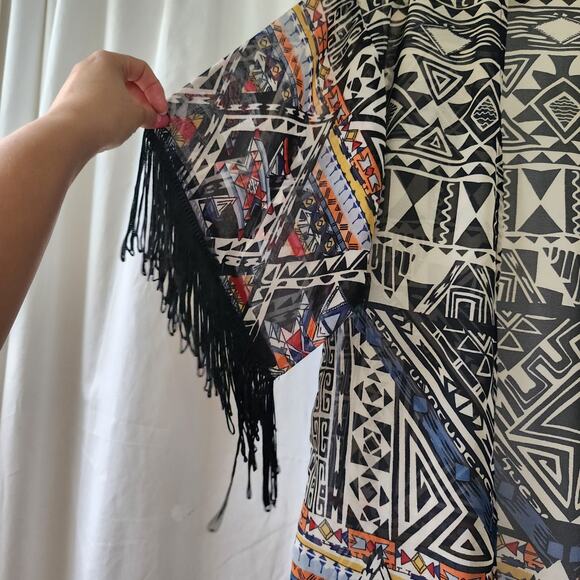 Angie kimono duster aztec western fringe multi S boho beach coverup  festival - Picture 7 of 11